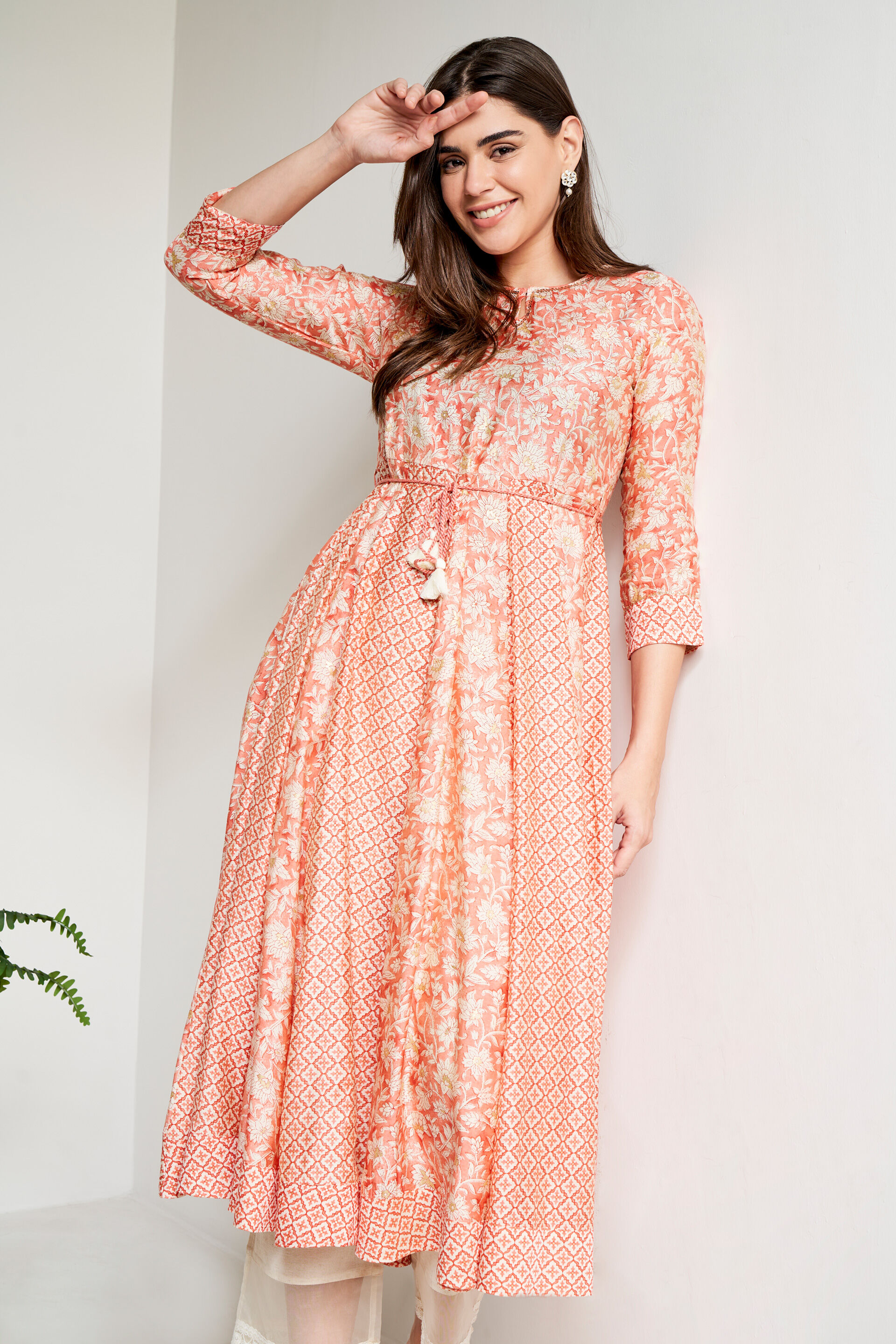 Peach Ethnic Motifs Flared Kurta, Peach, image 3